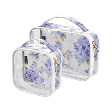 Imagem de GAIGEO Bolsa de maquiagem vintage Paris rosa rosa e Torre Eiffel de vinil transparente, bolsa para artigos de higiene pessoal, viagem para mulheres, pacote com 2, Flor roxa e azul, one size