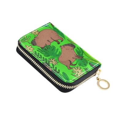 Imagem de Porta-cartões de crédito com bloqueio de RFID carteira feminina pequena bolsa de moedas de couro com zíper, linda capivara, plantas verdes