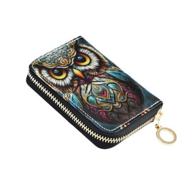 Imagem de Carteiras femininas coloridas de coruja azul escuro de couro com bloqueio de RFID, carteira masculina pequena fofa com bolso para moedas