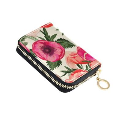 Imagem de Carteiras femininas florais de papoula coral com porta-cartões de couro com bloqueio de RFID com zíper e bolsa para moedas