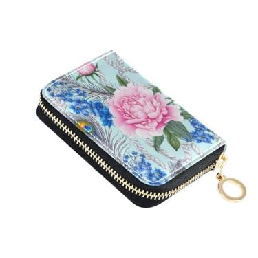Imagem de Carteira feminina floral rosa peônia azul pavão pequena porta-cartões de crédito com bloqueio de RFID bolsa de moedas com zíper
