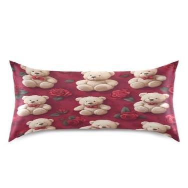 Imagem de Blueangle Fronha de cetim refrescante para cabelo e pele, capa de almofada de rosas de urso dos namorados, tamanho king 50,8 x 101,6 cm com fecho de envelope (436)