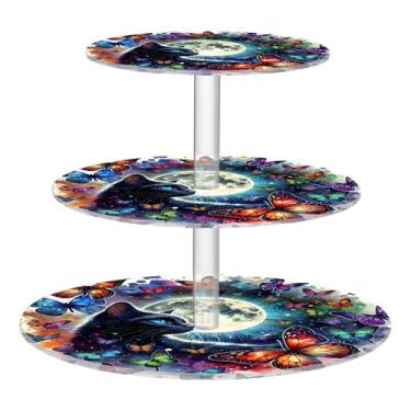 Imagem de Tea Party Suporte de cupcake redondo de 3 camadas para chá de bebê, copo de acrílico, torre de bolo, gato, borboletas, lua, sobremesa, bandejas, para festa, comida, donut