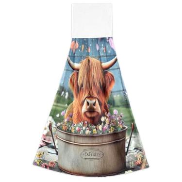 Imagem de Joitme Lindas toalhas de cozinha de mão com flores de vaca Highland com laço para pendurar altamente absorvente conjunto de 2 toalhas decorativas de cozinha fofas 45 x 35 cm