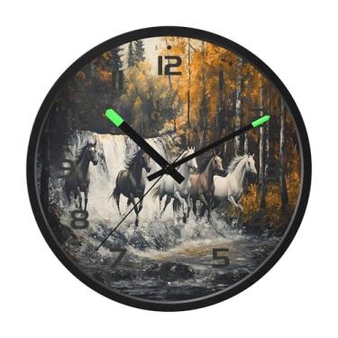 Imagem de SEHANY Relógio de parede artístico majestoso cavalos silencioso, sem tique-taque, relógio redondo operado por bateria, controle de som, luz noturna, relógios de parede para sala de estar, cozinha