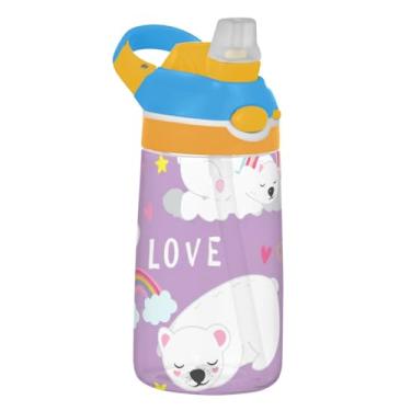Imagem de Ursos polares brancos fofos garrafa de água roxa infantil com canudo 473 ml Tritan 473 ml garrafa de água de plástico à prova de vazamento, copo infantil portátil, reutilizável, alça de transporte