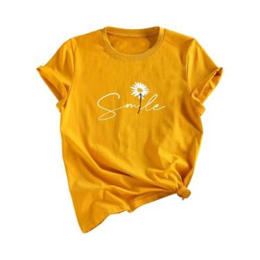 Imagem de Camiseta Feminina De Verão Com Estampa Floral E Letras, Gola Redonda, 