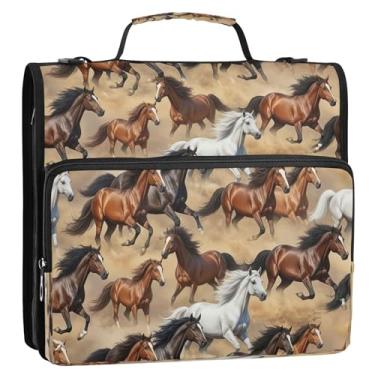 Imagem de Ancient Horses Sandy Beige Bolsa de fichário com 3 anéis com alça, organizador de fichário com zíper comporta 500 folhas, pasta de documentos com vários bolsos para escola, escritório, viagens