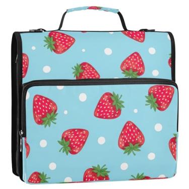 Imagem de Bolsa de fichário azul com 3 anéis de morangos vermelhos com alça, organizador de fichário com zíper com bolsos para escola ou escritório, suporte de pasta de portfólio para 500 folhas