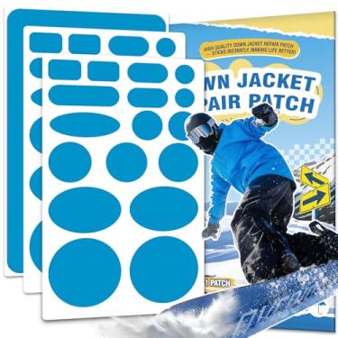 Imagem de OAZ Kit de remendo de reparo de jaqueta de penas, 35 peças, remendos de nylon pré-cortados para roupas, fita de tecido autoadesiva, impermeável, leve, equipamento para uso externo, fita de reparo
