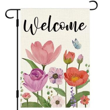 Imagem de DLZDN Welcome Spring Bandeira floral para jardim 30,5 x 45,7 cm, dupla face, vertical, serapilheira, quintal, decoração sazonal ao ar livre