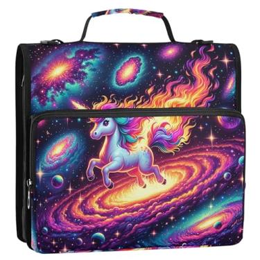 Imagem de Lindo organizador de fichário de unicórnio com zíper para galáxia, espaço de fogo, 3 anéis, 3 anéis, bolsa resistente com alça de ombro, vários bolsos, pasta grande para portfólio
