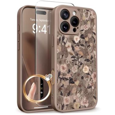 Imagem de GVIEWIN Capa para iPhone 16 Pro Max compatível com MagSafe, [proteção de grau militar] [protetor de tela] proteção total para câmera floral, translúcida, capa magnética feminina, flor de damasco