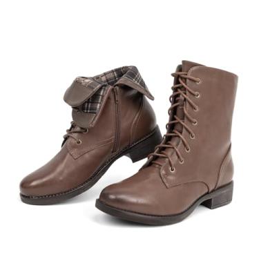 Imagem de VJH confort Botas femininas de cano médio com cadarço e salto baixo militar com zíper, Marrom, 37