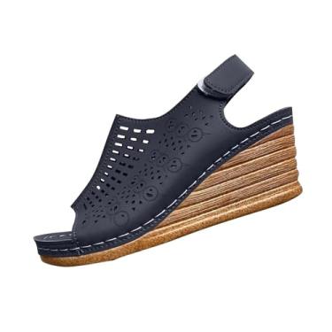 Imagem de Sandálias femininas modernas, casuais, versáteis, com fivela oca boca de peixe primavera e verão, Azul-royal escuro, 36