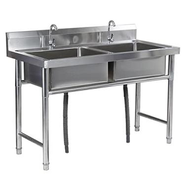 Imagem de Pia de cozinha, pias de cozinha de tigela dupla independentes, pias utilitárias de aço inoxidável, conjunto de pia de cozinha de restaurante comercial, com backsplash, para estação de trabalho
