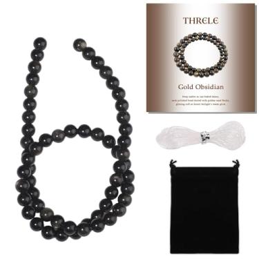 Imagem de THRELE Contas de pedra, 60 peças de obsidiana dourada, contas soltas redondas de 6 mm para fazer joias, pulseiras, com bolsa de presente, cordão elástico e cartão de tamanho