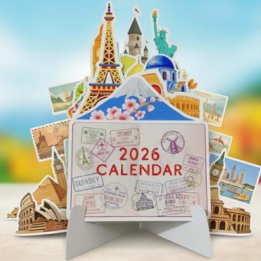 Imagem de Calendário de mesa de viagem 2026 com marcos mundiais – Calendário mensal com destinos famosos, exibição compacta de mesa para amantes de casa, escritório e viagens