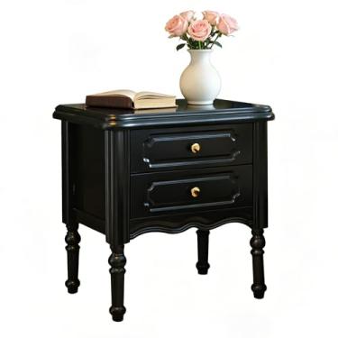 Imagem de Mesa de cabeceira de madeira maciça com 2 gavetas, mesa lateral prática para cama, mesa de cabeceira moderna de meados do século com pernas de madeira maciça, mesa de canto para quarto ou sala de