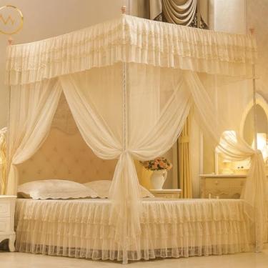 Imagem de Mosquiteiro casal com armação de ferro estilo palácio, cortinado decorativo para cama dupla, proteção contra insetos e ambiente aconchegante (Casal,Bege)