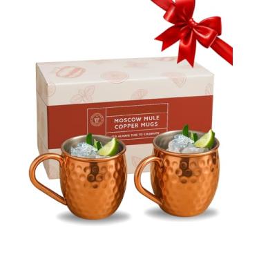 Imagem de Conjunto de canecas de cobre Moscow Mule de 59 – 473 ml copos de cobre puro para coquetéis – acabamento martelado feito à mão | Utensílios de metal durável para uísque, bebidas de mule, acessórios de