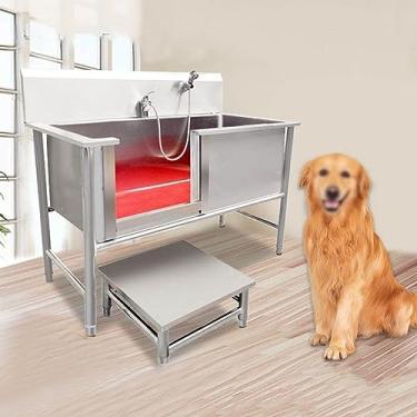 Imagem de Estação de lavagem de cães 47''/53'' aço inoxidável para animais de estimação para cães grandes, cães gatos lavatórios para cães com escada caminhável (Tamanho: 47 polegadas/120 cm)