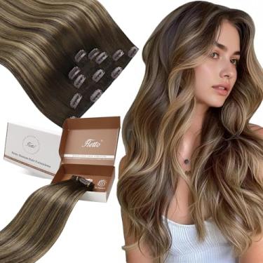 Imagem de Hetto Extensões de cabelo humano real com clipe de cabelo humano marrom ombré caramelo loiro balayage grampo de cabelo humano em extensões marrom escuro 35,5 cm 7 peças 120 g liso
