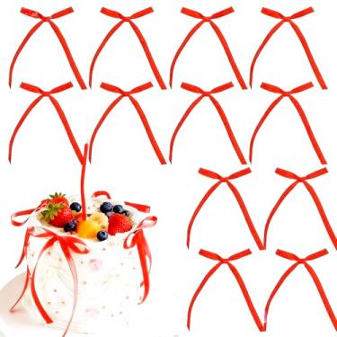 Imagem de BAISUYANG 20 Pcs Bow Cake Toppers Ribbons Bows for Cake Bow Themed Bow Cupcake Toppers Bow Birthday Decorations for Baby Shower Birthday Wedding Bachelorette Valentine's Day Party Supplies (red)
