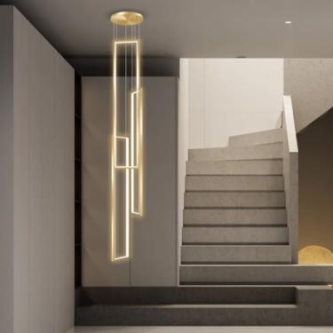 Imagem de Lustre moderno de LED para escadas, luminária pendente decorativa interna de alumínio quadrada, dimerizável com controle remoto, ideal para casas de campo, hotéis, salas de estar, salas de j