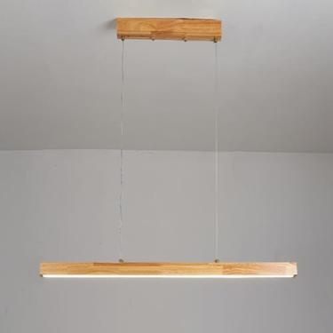Imagem de Luminária pendente linear de madeira, luminária suspensa com tiras de madeira rústica e cúpula de acrílico branco, lustre moderno de LED com 3 modos de cor, luminárias de suspensão para sala