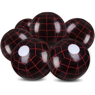 Imagem de Soulchen Pacote com 6 bolas de praia com tema de teia de aranha a granel para crianças, bola preta inflável com tema de aranha de 20 cm para jogos de piscina e praia, presentes de festa de aniversário