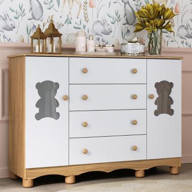 Imagem de Cômoda Infantil 125cm 2 Portas Com Vidro E 4 Gavetas Ternura Multimóveis Mp4480 Madeirado/branco Madeirado/branco