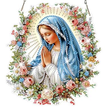 Imagem de NAIMOER Kits de pintura de diamante para adultos, kits de pendurar arte de diamante da Virgem Maria Religiosa 5D, Ornamento com pingente de arte de cristal de formato especial, kit de artesanato placa