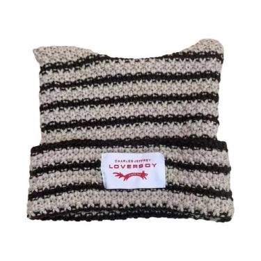 Imagem de Gorro De Tricô Listrado Unissex Y2K Feito À Mão Com Orelhas De Gato, G