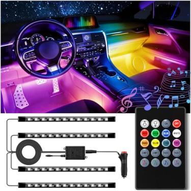 Imagem de LivTee Luzes interiores de LED de carro, 4 peças 48 LED multicolorido música carro acessórios interiores sob iluminação de painel kit à prova d'água com função ativa de som e controle remoto sem fio, carregador de carro incluído
