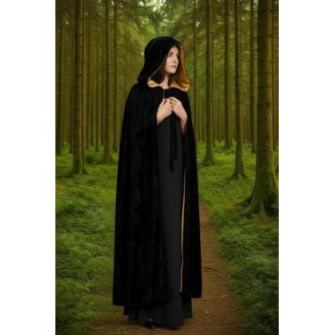 Imagem de Capa Medieval Veludo com cetim capuz preto com dourado - Princesa Urba