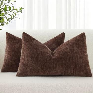 Imagem de decorUhome Capas de almofada Chenille marrom avermelhado conjunto de 20 x 50 cm, capas de almofada decorativas macias para sofá com detalhes tingidos sólidos veludo fazenda neutro retangular fronhas