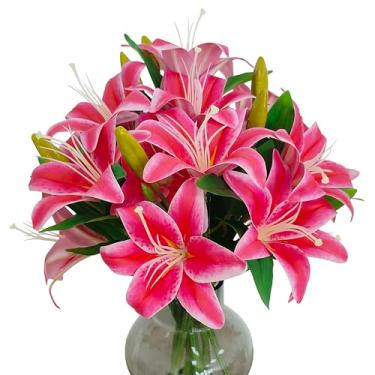 Imagem de ATFL Flores de lírios artificiais, 9 peças de flores de lírio falsas, ramos de lírio de tigre de 40 cm com 2 flores completas e 1 botão, plantas falsas de lírios falsos para arranjos florais de buquê