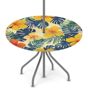 Imagem de Pardick Toalha de mesa redonda de palmeira tropical para uso ao ar livre com orifício para guarda-chuva, toalha de mesa redonda, impermeável, com zíper, elástico, capa de mesa de pátio, serve para