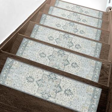 Imagem de Tapete azul claro tapete antiderrapante degraus de escada 20 x 76 cm corredor de escada de borda para degraus de madeira interno, tapete de escada resistente tapete livre de resíduos para idosos,