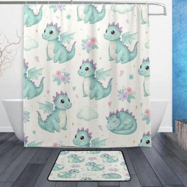 Imagem de Kigai Conjunto de tapetes de cortina de banho de dragão verde fofo 2 peças, conjunto de tema de banheiro (152 x 182 cm) com cortina de chuveiro e tapete antiderrapante - 12 ganchos