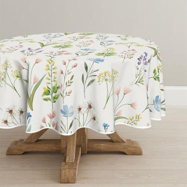 Imagem de Horaldaily Toalha de mesa redonda de primavera, 228 cm x 234 cm, flores silvestres, ervas silvestres, elegante, lavável, sazonal, para decoração de festa, piquenique, jantar