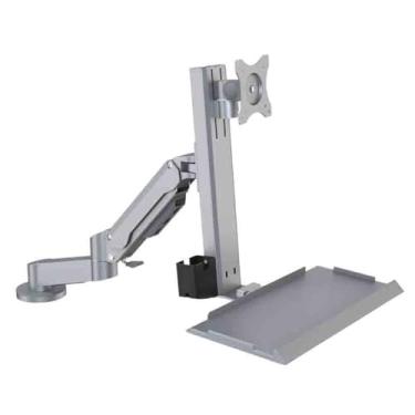 Imagem de Suporte de monitor prateado com braço duplo estilo mesa com uma bandeja padrão que pode girar acessórios de mesa