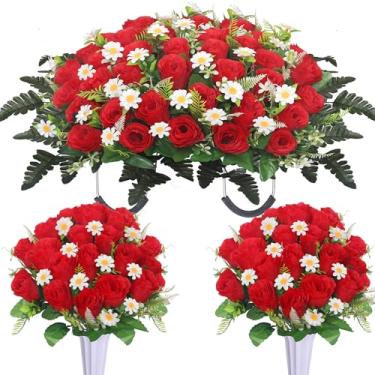 Imagem de Lodou 3 peças de flores artificiais de cemitério para túmulos – sela de flores memorial e 2 buquês de rosas com vaso, flores de sela de cemitério para lápides, decoração elegante para lápides