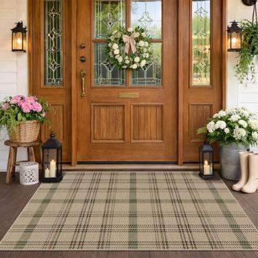 Imagem de Tapete de porta lavável para entrada interna – Tapete de entrada grande 2'10.2 cm x 3'17.8 cm (69.8 cm x 109.2 cm), antiderrapante decoração xadrez sálvia para cozinha, banheiro, tapete de camadas de