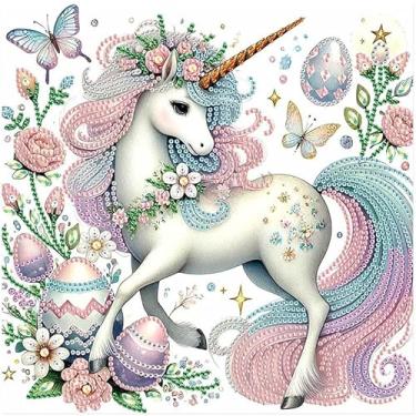 Imagem de Kit de pintura de diamante para iniciantes, kit de arte de diamante de formato especial de unicórnio colorido de Páscoa, arte de strass de cristal DIY para decoração de mesa de parede de casa