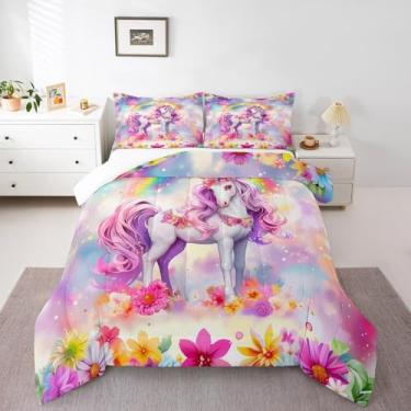 Imagem de jejeloiu Jogo de cama casal com estampa de flores de arco-íris e galáxia de unicórnio fofo para crianças, meninos, conto de fadas, desenho animado, edredom para decoração de quarto