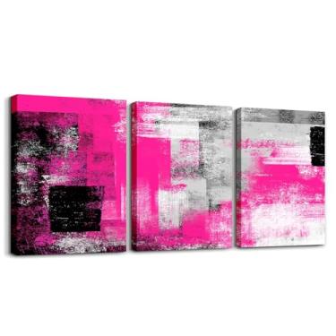 Imagem de 3 peças de arte de parede em tela rosa cinza preta para sala de estar, decoração de parede abstrata moderna para sala de jantar, quarto, pintura geométrica para decoração de casa 30,5 x 40,6 cm