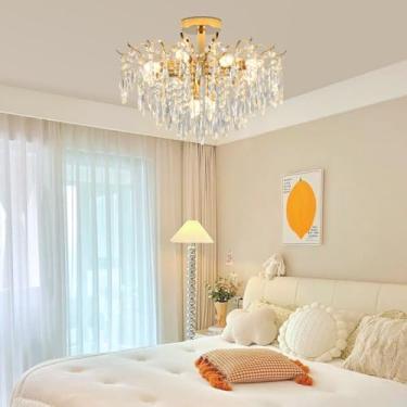 Imagem de Lustre de cristal dourado K9 elegante e moderno em formato de galho, luminária de teto com cúpula para sala de estar, sala de jantar, quarto, ilha de cozinha e corredor (50 cm)