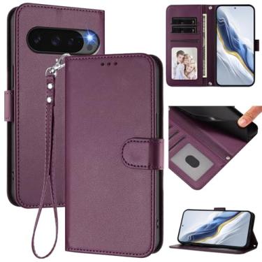 Imagem de Capa carteira para Google Pixel 9 Pro XL, capa fina de couro com compartimentos para cartões, alça de pulso e suporte, capa protetora à prova de choque para homens e mulheres (roxo escuro)